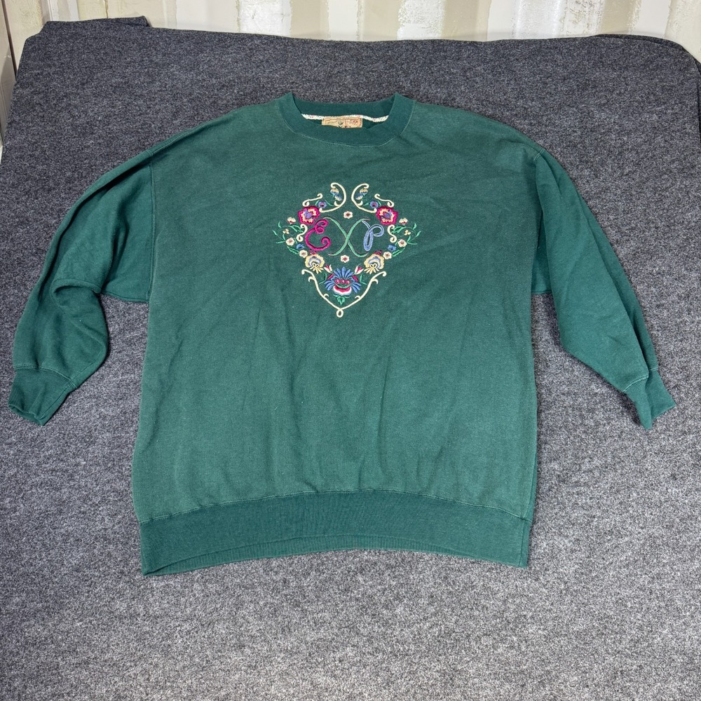 Vintage EXP Jeans By Express Sweatshirt Womens S Green Floral Crew Neck Pullover